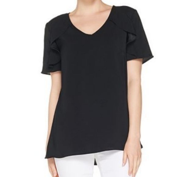 H by Halston Tops - H by Halston V-Neck Short Sleeve Top Ruffle Detail